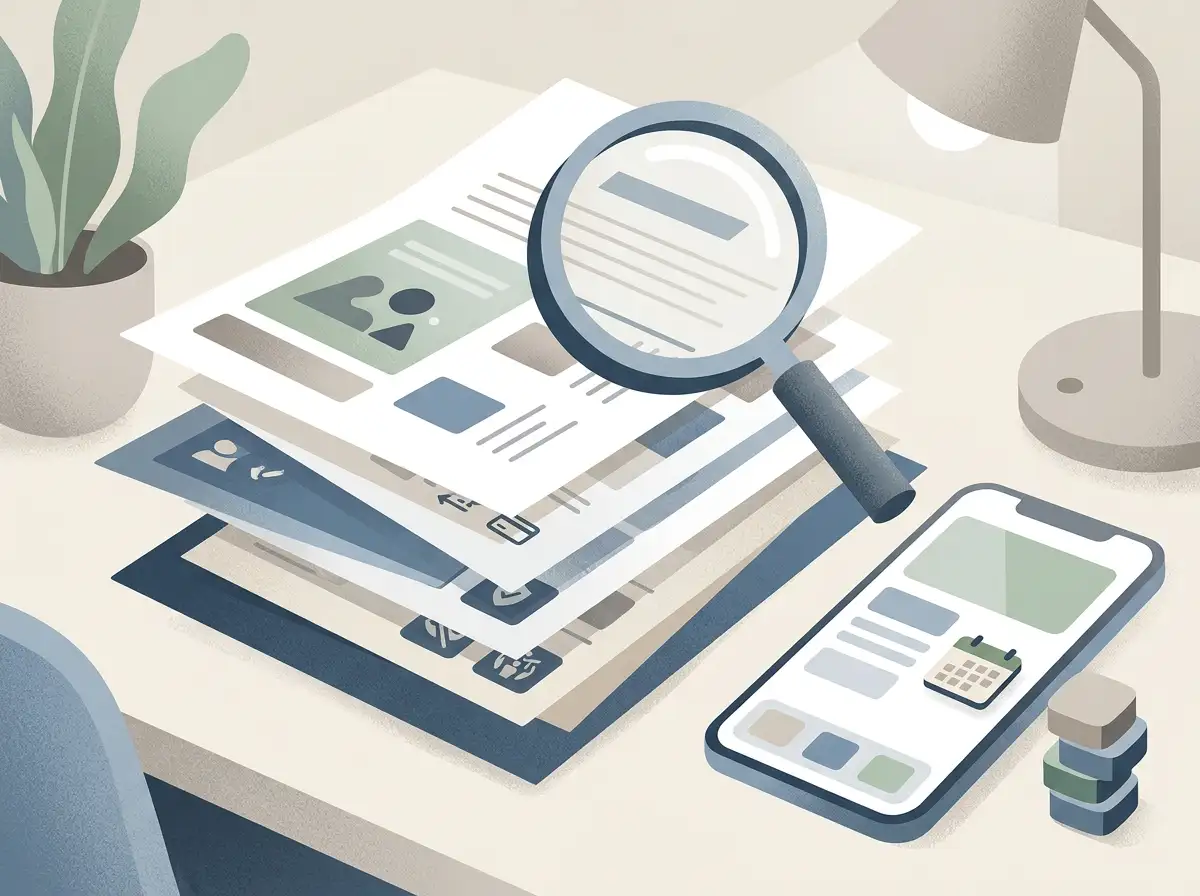 Editorial illustration of a terms and conditions review checklist on a desk without readable text