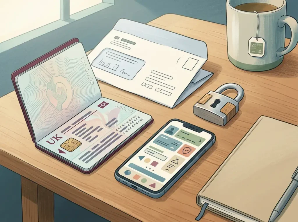 Editorial illustration of identity verification documents, a phone and a secure account checklist