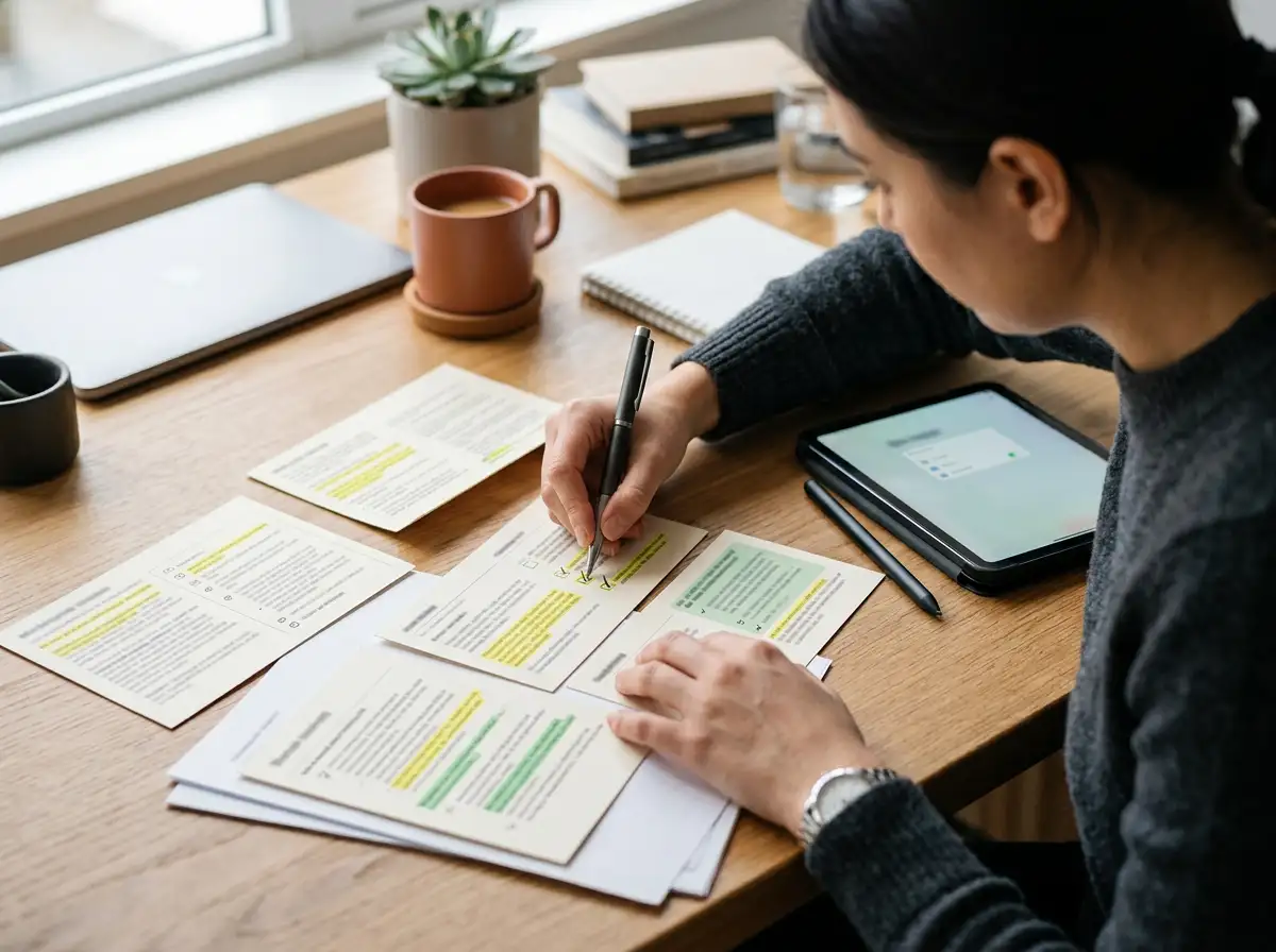 Illustration of bonus terms and checklist cards on a desk