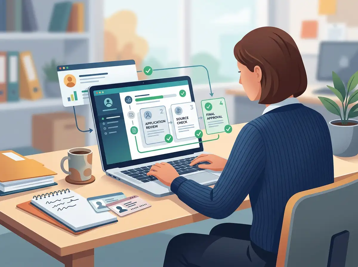 Illustration of a licence checklist beside a laptop